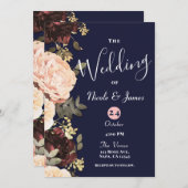 Invitation Pink & Maroon Floral Greenery Mariage bleu marine (Devant / Derrière)