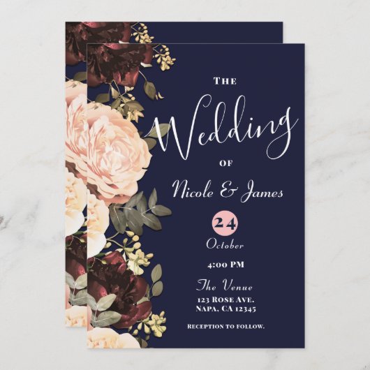 Invitation Pink & Maroon Floral Greenery Mariage bleu marine (Devant / Derrière)