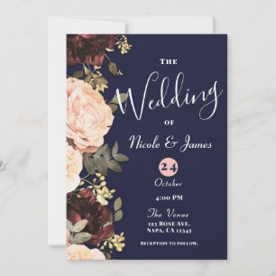 Invitation Pink & Maroon Floral Greenery Mariage bleu marine