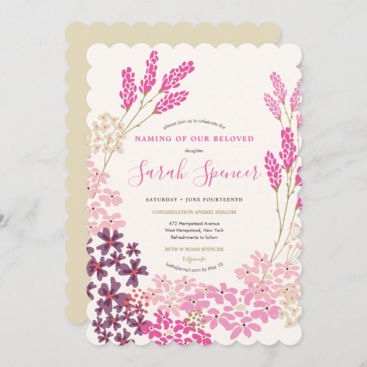 Invitation Pink Meadow Baby Naming/Simchat Bat (Devant / Derrière)