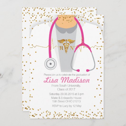 Invitation Pink Médicale Nursing Graduation Party (Devant / Derrière)
