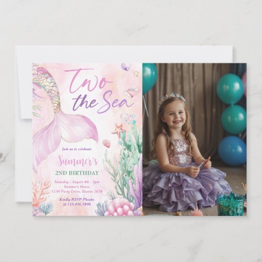 Invitation Pink Mermaid 2nd Birthday Two the Sea Photo (Devant)
