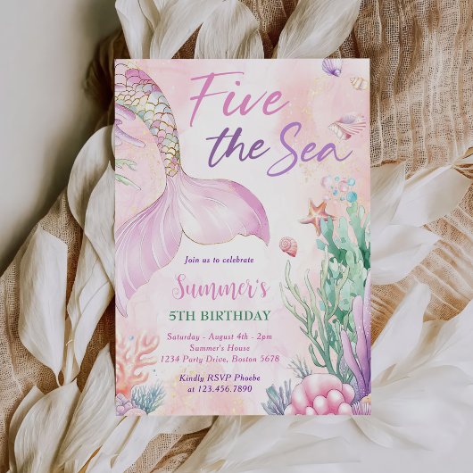 Invitation Pink Mermaid 5th Birthday Five the Sea Party