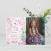 Invitation Pink Mermaid 5th Birthday Five the Sea Photo (Debout devant)