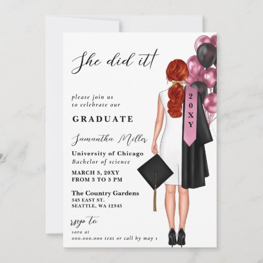 Invitation Pink Minimalist Photo Elle L'A Fait Graduation (Devant)
