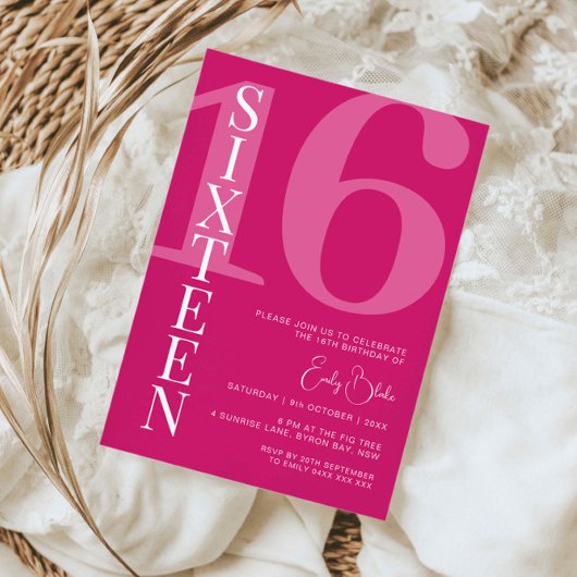 Invitation Pink minimaliste Seize fête d'anniversaire