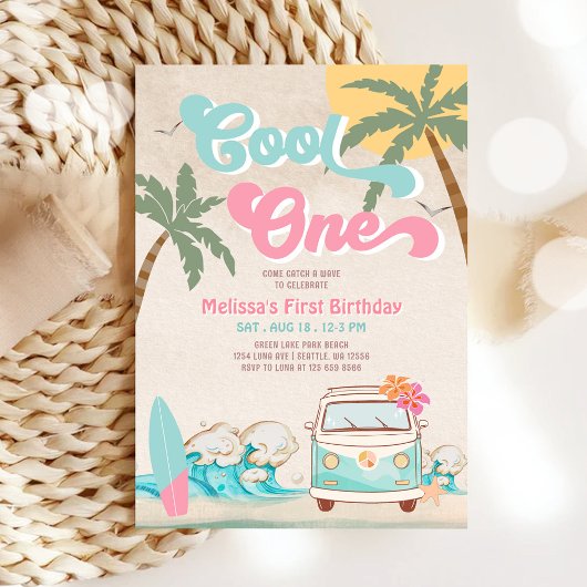 Invitation Pink Mint Cool ONE Surfing 1er Anniversaire