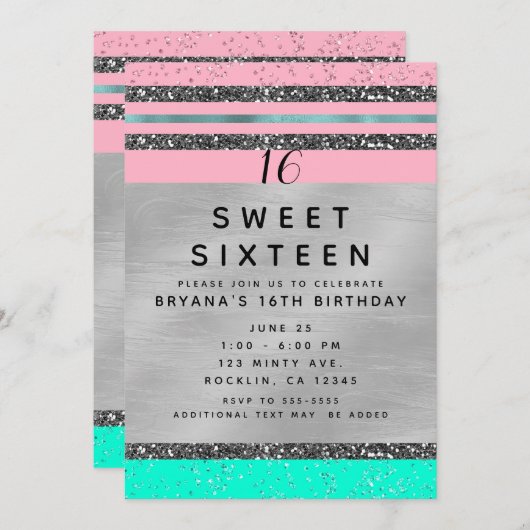 Invitation Pink Mint Green & Silver Parties scintillant Sweet (Devant / Derrière)