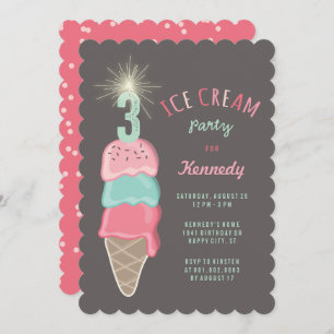 Invitation Pink Mint Ice Cream Girl 3ème anniversaire Invitat