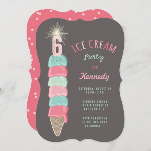 Invitation Pink Mint Ice Cream Girl 6e anniversaire Invitatio (Devant / Derrière)