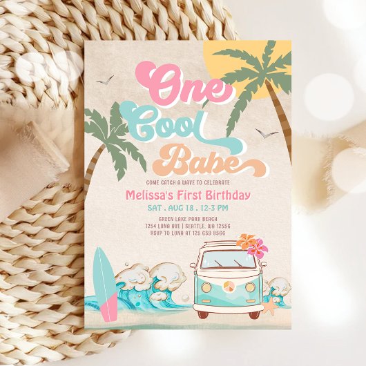 Invitation Pink Mint One Cool Babe Surfing 1er anniversaire