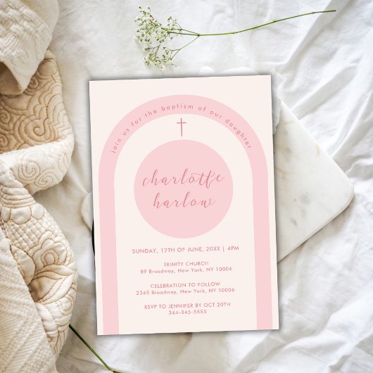 Invitation Pink Modern Boho Arch Cross Girl Baptême
