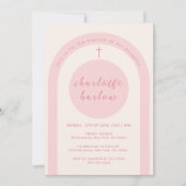 Invitation Pink Modern Boho Arch Cross Girl Baptême (Devant)