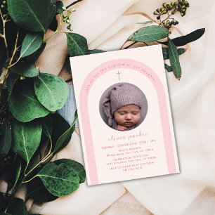 Invitation Pink Modern Boho Arch Cross Girl Photo Baptême