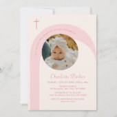 Invitation Pink Modern Boho Arch Cross Girl Photo Baptême (Devant)
