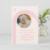 Invitation Pink Modern Boho Arch Cross Girl Photo Baptême (Debout devant)