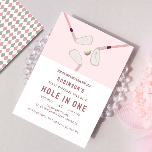 Invitation Pink Modern Hole en un par-tee anniversaire de gol