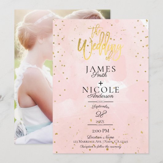 Invitation Pink Modern Minimal Gold Foil Mariage photo complè (Devant / Derrière)