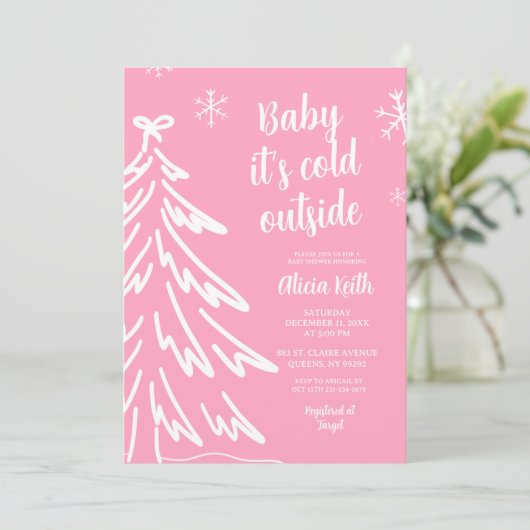 Invitation Pink Modern Minimalist Winter Baby Shower (Debout devant)