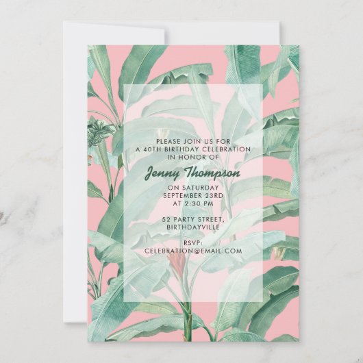 Invitation Pink moderne Tropical Banana Palm Feuille Annivers (Devant)