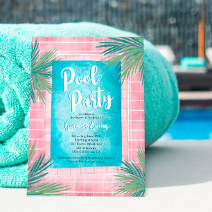 Invitation Pink moderne Tropical palm blue pool party Sweet 1