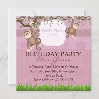 Invitation Pink Monkey Fun Photo Birthday Invite