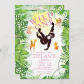 Invitation Pink Monkey Wild One Jungle Safari fille 1er Anniv (Devant / Derrière)