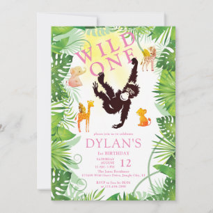Invitation Pink Monkey Wild One Jungle Safari fille 1er Anniv