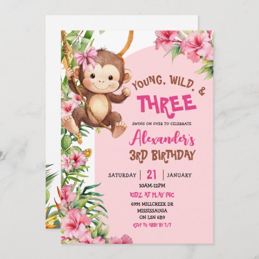 Invitation Pink Monkey Young Wild Three Third Birthday (Devant / Derrière)