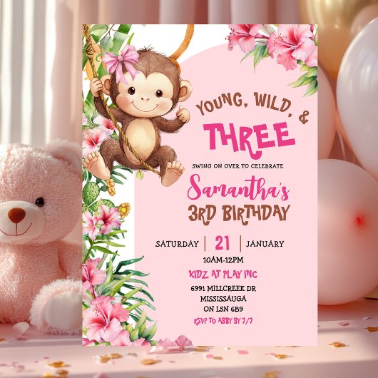 Invitation Pink Monkey Young Wild Three Third Birthday