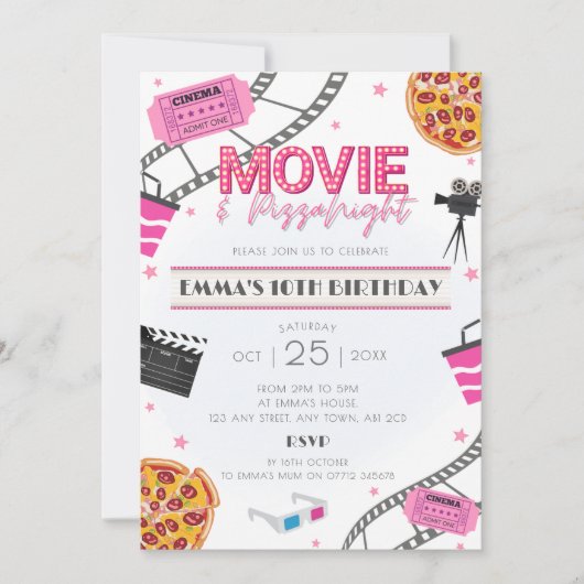 Invitation Pink Movie & Pizza Nuit Anniversaire Fête Invitati (Devant)