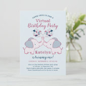 Invitation Pink & Navy adorable Elephant Virtual Birthday Par (Debout devant)