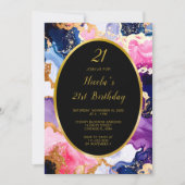 Invitation Pink, Navy Blue and Gold Ink Birthday Party (Devant)