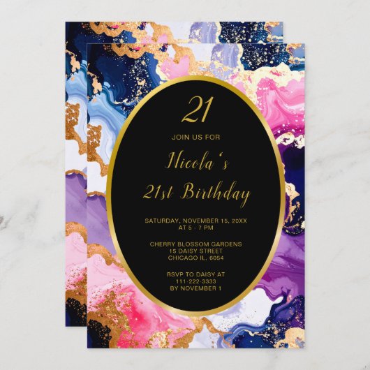 Invitation Pink, Navy Blue and Gold Ink Birthday Party (Devant / Derrière)