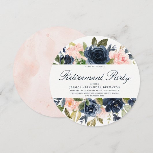 Invitation Pink Navy Blue Boy Blush Floral Retraite Party (Devant / Derrière)