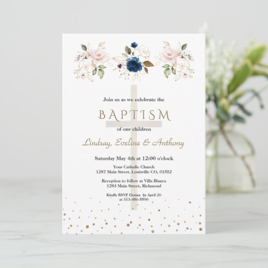 Invitation Pink Navy Blue Flowers Gold Triplets Baptism (Debout devant)