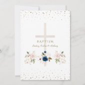 Invitation Pink Navy Blue Flowers Gold Triplets Baptism (Dos)