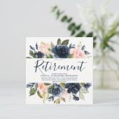 Invitation Pink Navy Blue Watercolor Flowers Retraite (Debout devant)