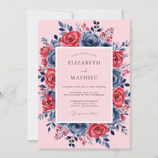 Invitation Pink Navy Lush Spring Wedding (Devant)