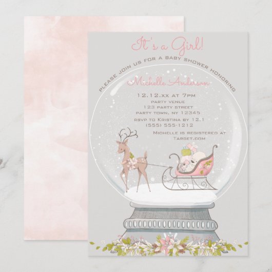Invitation Pink Neige Globe Ours Deer Girl Baby shower (Devant / Derrière)