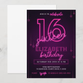 Invitation Pink Neon 16e fête d'anniversaire Faisons la fête (Devant / Derrière)