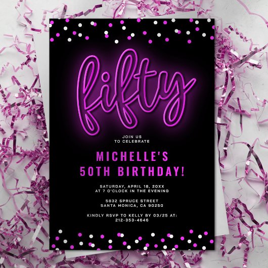 Invitation Pink Neon adulte 50e anniversaire