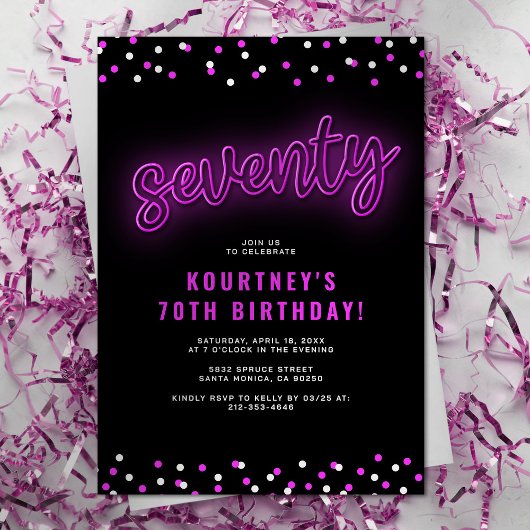 Invitation Pink Neon adulte 70e anniversaire