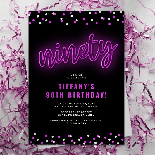 Invitation Pink Neon adulte 90e fête d'anniversaire