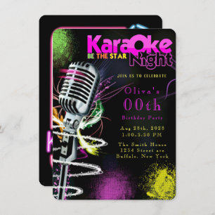 Invitation Pink Neon Black Karaoke 00e fête d'anniversaire
