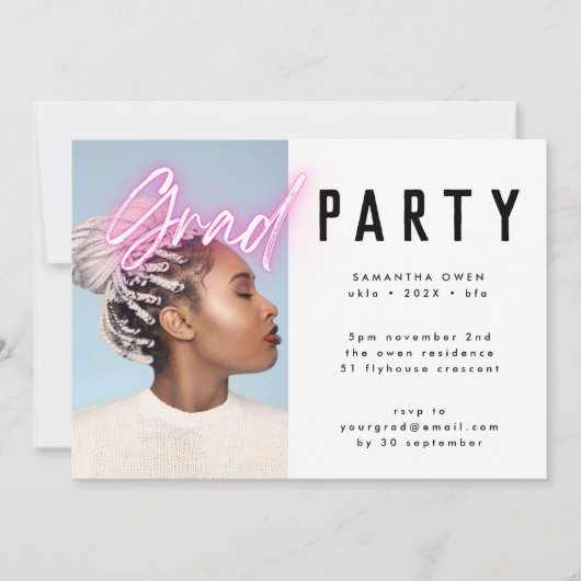 Invitation Pink Neon Elegant Ombre Grad Photo Party (Devant)