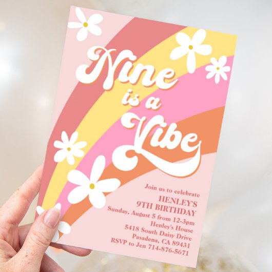 Invitation Pink Nine est Vibe Retro Daisy Rainbow Anniversair