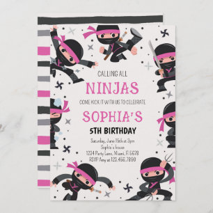 Invitation Pink Ninja Guerrier Arts Martiaux Anniversaire