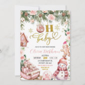 Invitation Pink Noël Floral Sleigh Oh Baby shower (Devant)