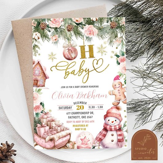 Invitation Pink Noël Floral Sleigh Oh Baby shower